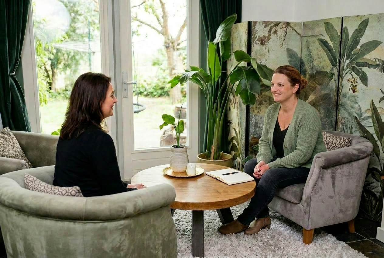 Eske in een een-op-een coachsessie in haar praktijkruimte